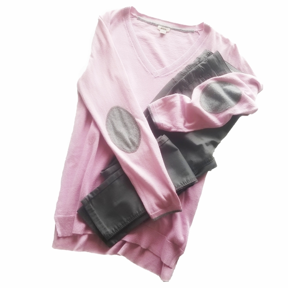 Fossil Pink V-Neck Patchwork Elbow Sweater